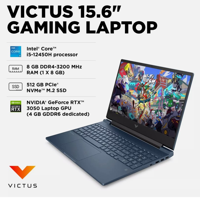 HP Notebook Victus 15.6" Gaming Intel I5-12450H Ram 8Gb Disco 512SSD Video RTX3050 Sistema Windows 11