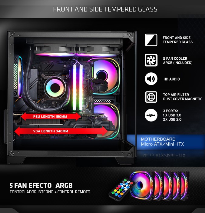 Sentey Gabinete Gamer A10 Vidrio Templado 5 Argb Cooler + Controladora