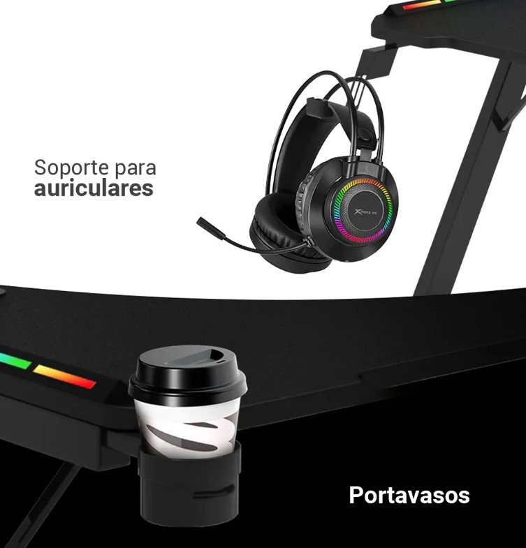 Combo Gtc Gtc-002 Gta Mueble Escritorio Gamer Iluminacion Led Rgb 120Cm X 73Cm X 60Cm + Regalo Teclado Mouse Auricular Pad Mouse