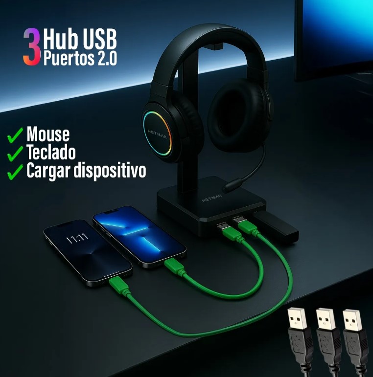Netmak Nm-Hs430 Base Para Auricular Rgb + Hub 3 Usb