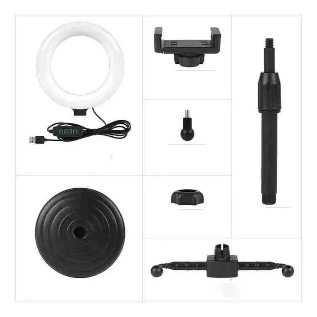 Aro De Luz Led 16Cm Selfie Con Base Regulable + 2 Pinzas Celulares 3 Intensidades Usb