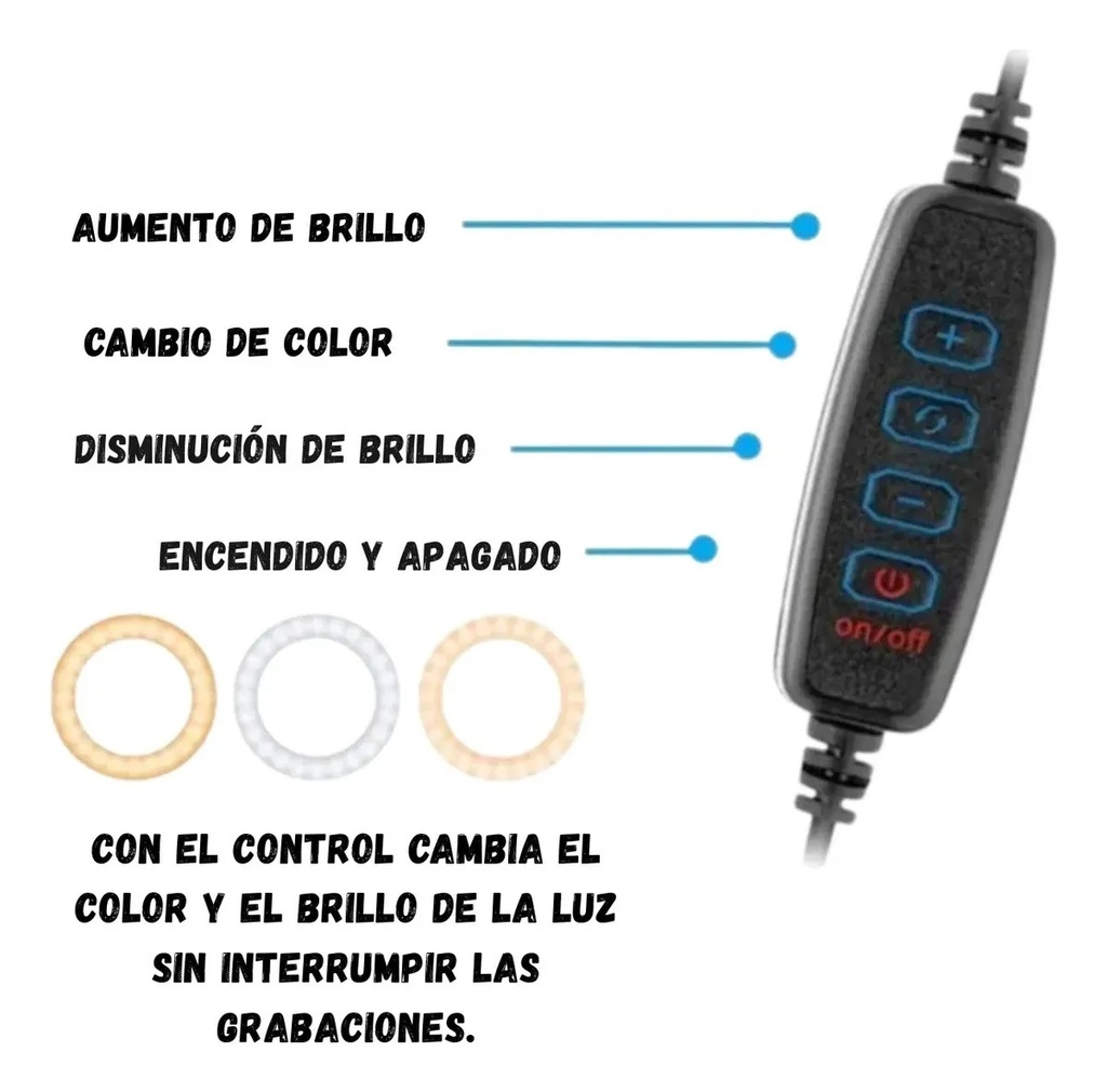 Aro De Luz Led 16Cm Selfie Con Base Regulable + 2 Pinzas Celulares 3 Intensidades Usb
