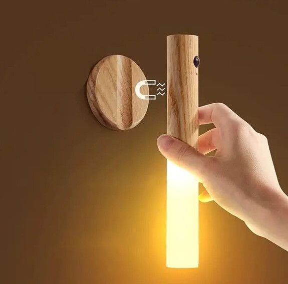 Lámpara De Pared Led Magnética Tipo Antorcha Con Sensor Recargable Luz Cálida - Modv-001D- Madera Claro