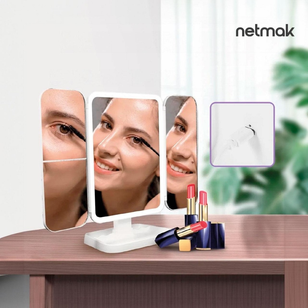 NETMAK NM-MIRROR ESPEJO DE MAQUILLAJE TRIPLE CON LUZ LED