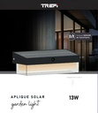 Trefi Aplique Solar Exterior 13W Luz Cálida 1300Lm 3000K Ip54  Con Sensor Nocturno 12Hs