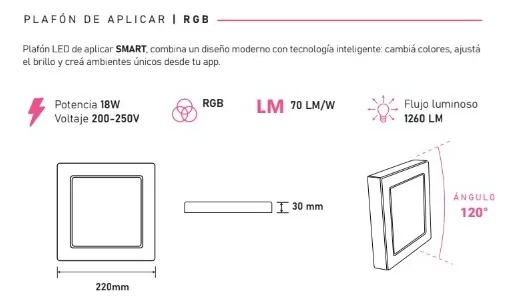 Trefi Plafon Led Smart Cuadrado Luz Rgb + Blancos 18W 1260Lm Compatible Con Alexa/Google/Smart Life 