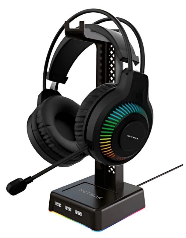 Netmak Nm-Hs430 Soporte Base Para Auricular Gamer Rgb + Hub 3 Puertos Usb