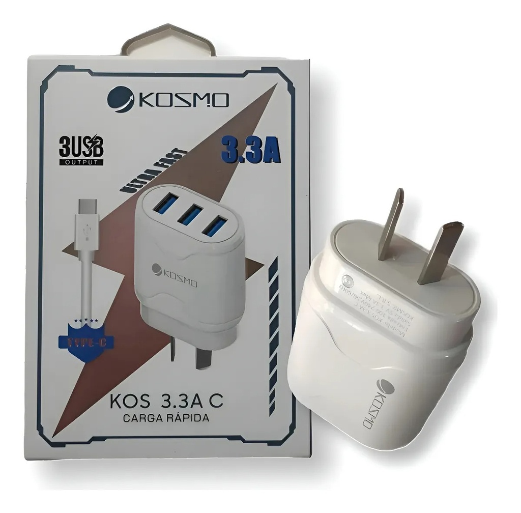 Kosmo Cargador Celular Carga Rapida 220V 5V 3.3A Cable Tipo C  + 3 Usb Ks-18L C