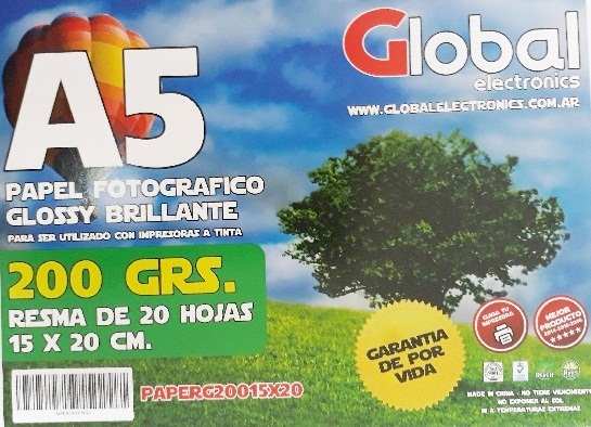Resma Global Papel Glossy 20 Hojas Tamaño Fotografía A5 (150 X 200 Mm) De 200Grs