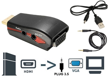 [10618] Adaptador Hdmi M A Vga H + Jack 3.5 - No Es Bidireccional Incluye Cable De Alimentación Y Cable De Sonido Plug 3.5Mm