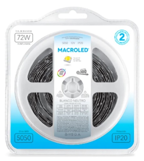 [11209] Macroled Tira Led 5050 Blanco Neutro 4000K Ip20 Interior 14.4W 60 Led X Mt - Rollo 5 Mts