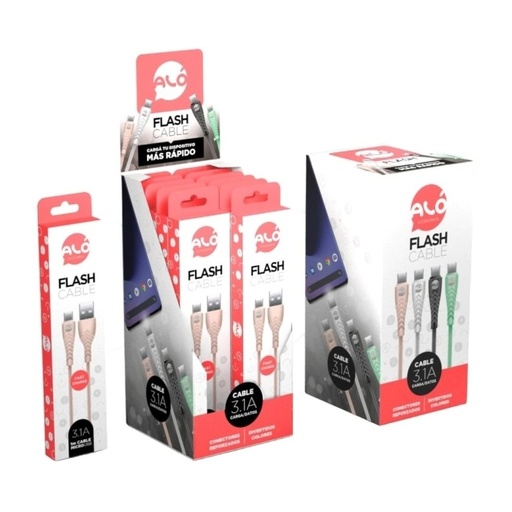 [64438] CABLE ALO FLASH USB A LIGHTNING X12 UNIDADES LA CAJA COLORES VARIOS (6330)