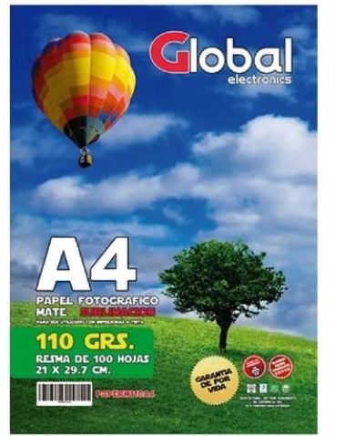 [653] Global Paperm110A4-100 Papel Mate En Resma De Resma 100 Hojas A4 >> Apto Sublimacion << (210 X 297 Mm.) De 110 Grs. Para impresoras Laser o tinta