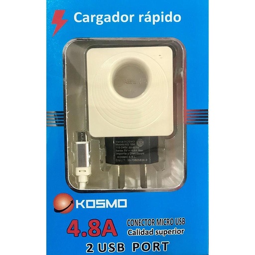 [936] Kosmo Ks-18M - Cargador Rapido 220V 5V 4.8A Cable Tipo C+ 2 Usb Qc