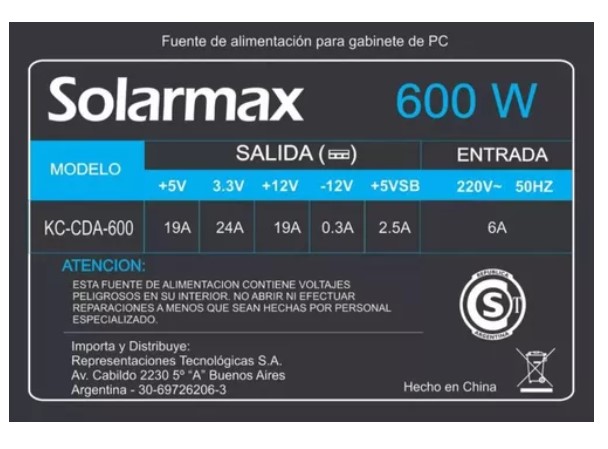 SOLARMAX KC-CDA-600 FUENTE ALIMENTACION CERTIFICADA 600W