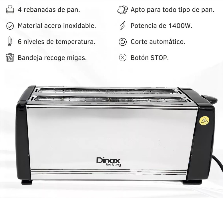 DINAX TTM1400 TOSTADORA 1400W - 4 RODAJAS DE PAN