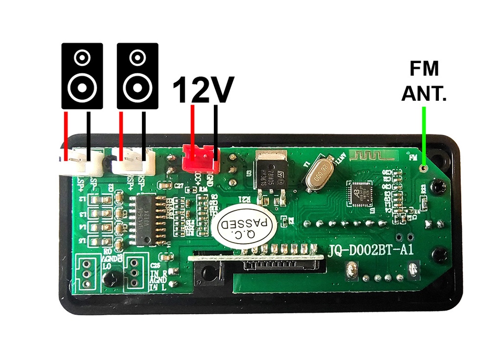 MODULO REPRODUCTOR 12V MP3 FM USB MICROSD BLUETOOTH AMPLIFICADOR 2X25W 50W CON CONTROL REMOTO Y DISPLAY - CONTROL NO INCLUYE PILA CR2025