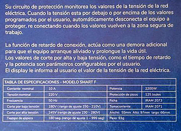 PROTECTOR DE TENSION TRV SMART F 2200W 10A 50HZ SETEABLE 180V 245V DIMENSIONES 55X97X66MM RESTABLECIMIENTO 180 SEGUDOS HELADERA AIRE ACONDICIONADO