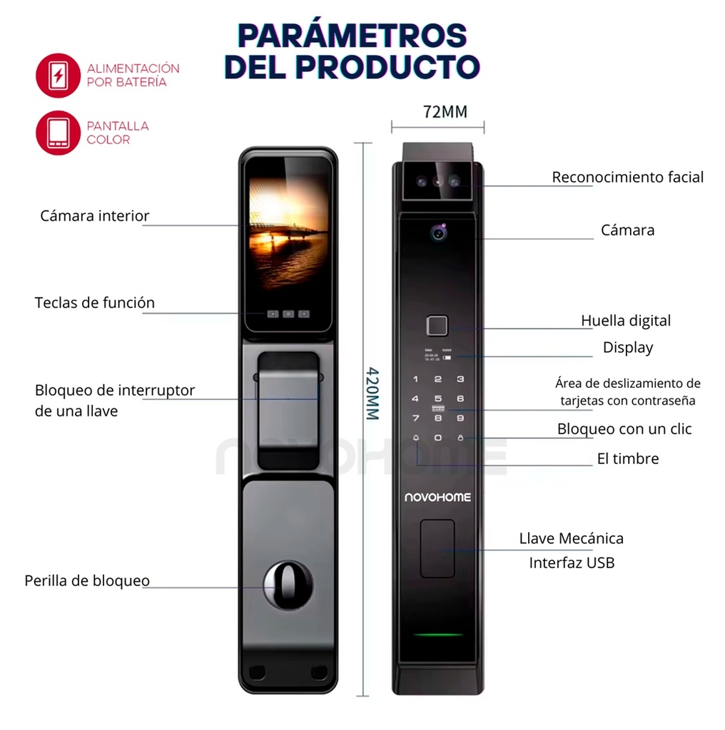 Novohome Nh-Sl45 Cerradura Electrónica Inteligente Digital Biométrica Smart Lock Con Reconocimiento Facial 3d + Huella Dactilar 9 Funciones