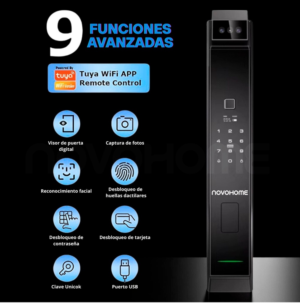 Novohome Nh-Sl45 Cerradura Electrónica Inteligente Digital Biométrica Smart Lock Con Reconocimiento Facial 3d + Huella Dactilar 9 Funciones