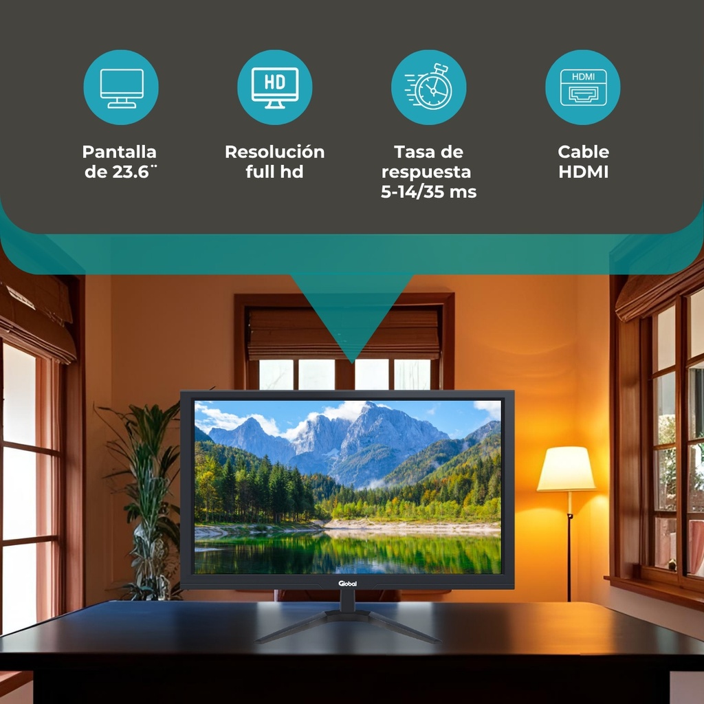 Global Monitor 23.6" Full Hd 60Hz Oficina Negro Base V  Vga Hdmi 