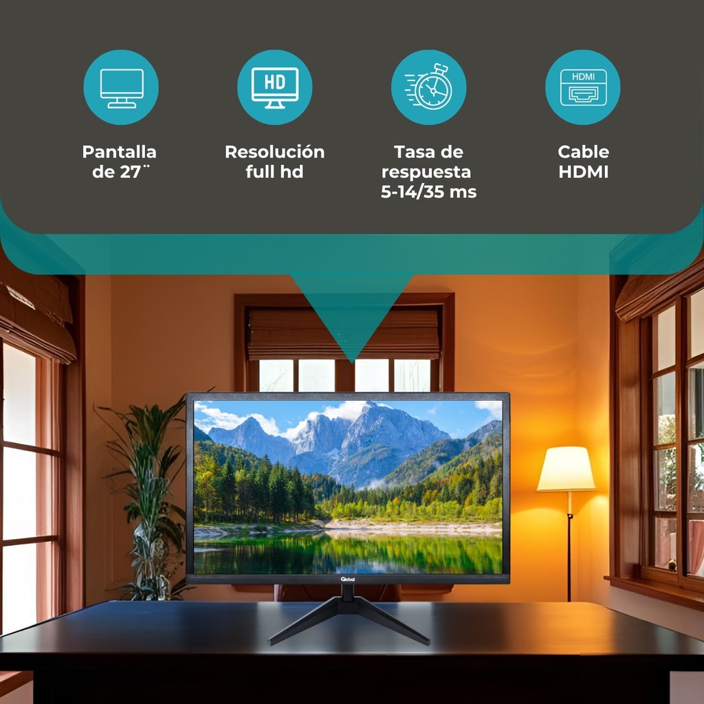Global Monitor 27" Full Hd 60Hz Oficina Negro Base V  Vga Hdmi  