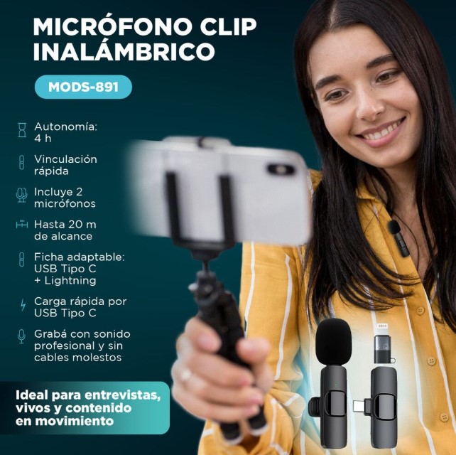 Microfono Clip Inalambrico Doble con Tipo c + Lightning iphone Mods-891