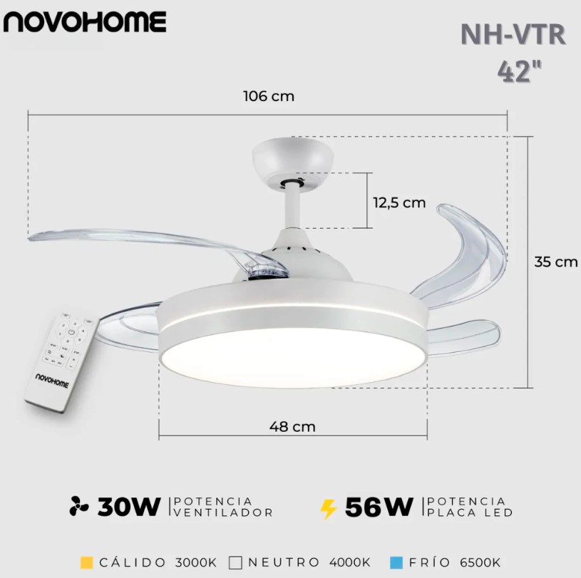Novohome NH-VTR500 Ventilador de Techo con Luz Led aspas retractil y control remoto