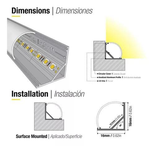 Macroled Perfil Aluminio para tira led mcpe1616102 16x16-10mmx2mt largo 2 mts angulo 45° opal