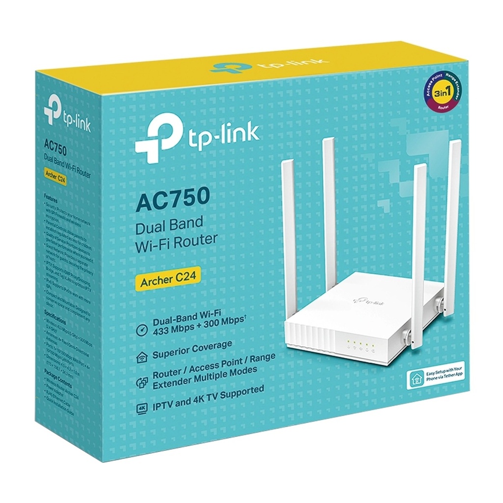 Tplink Router Archer C24 Ac750 Wir Dual Band 4 Antenas 2.4/5Ghz Función Repetidor