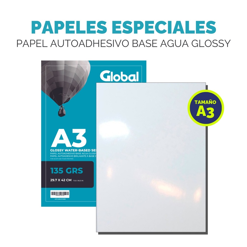 Papel Autoadhesivo Base Agua Glossy Resma 20 Hojas A3 420X297 Mm 135Gr 