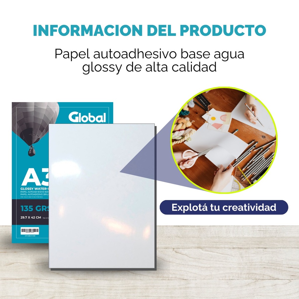 Papel Autoadhesivo Base Agua Glossy Resma 20 Hojas A3 420X297 Mm 135Gr 