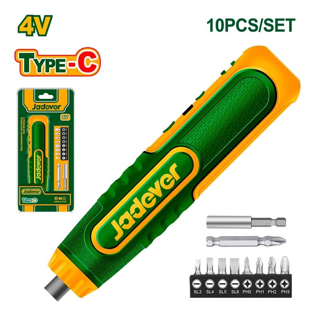 Jadever Set Destornillador Inalámbrico + Puntas 4V 1.4" Recargable Usb C 260 Rpm Indicador De Carga