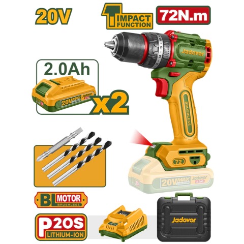 Jadever Taladro Atornillador Brushless Con Impacto 20V 72 Nm 2 Velocidades (Incluye Brocas, Baterías y Cargador) - Jdcdp7281-4