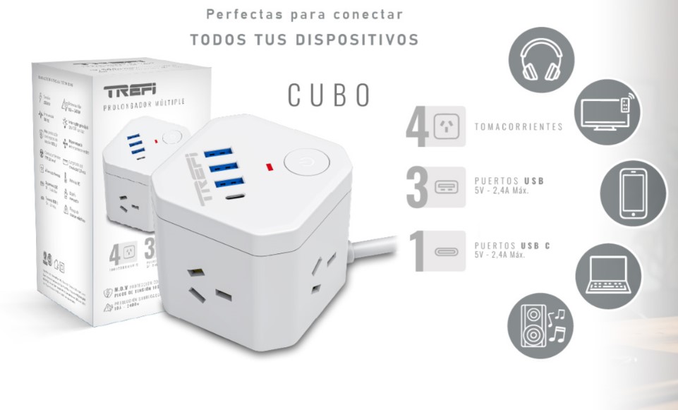 Trefi trfpcub cubo prolongador zapatilla 4 tomas + 3 usb +1 usb tipo C - 1.2 mts