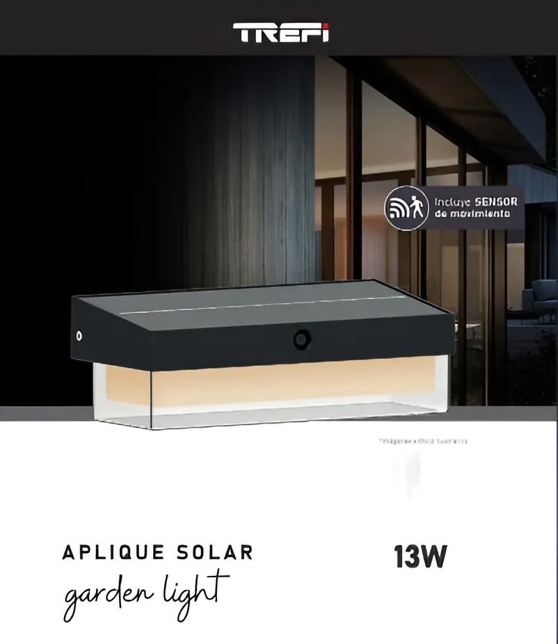 Trefi Aplique Solar Exterior 13W Luz Cálida 1300Lm 3000K Ip54  Con Sensor Nocturno 12Hs