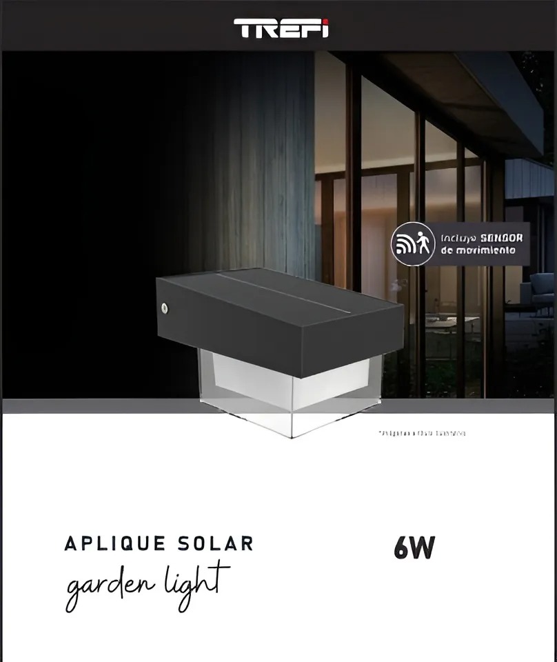 Trefi Aplique Solar 6W Exterior Luz Fría 600Lm 6000K Ip54 Con Sensor Nocturno 12Hs