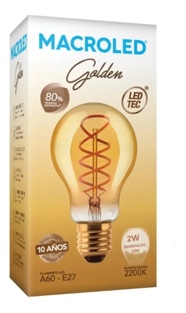 Macroled Lámpara Deco Golden 5W Blanco Cálido 2200K E27 Filamento 