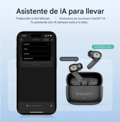 Kieslect Adjustable earbuds Jetblack inteligentes con i.a traductor de idiomas , app ios android