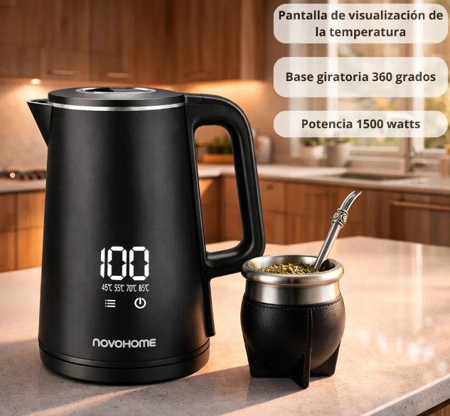 Novohome NH-EKV100 Pava electrica digital touch Negra 1500w 2lt indicador de temperatura