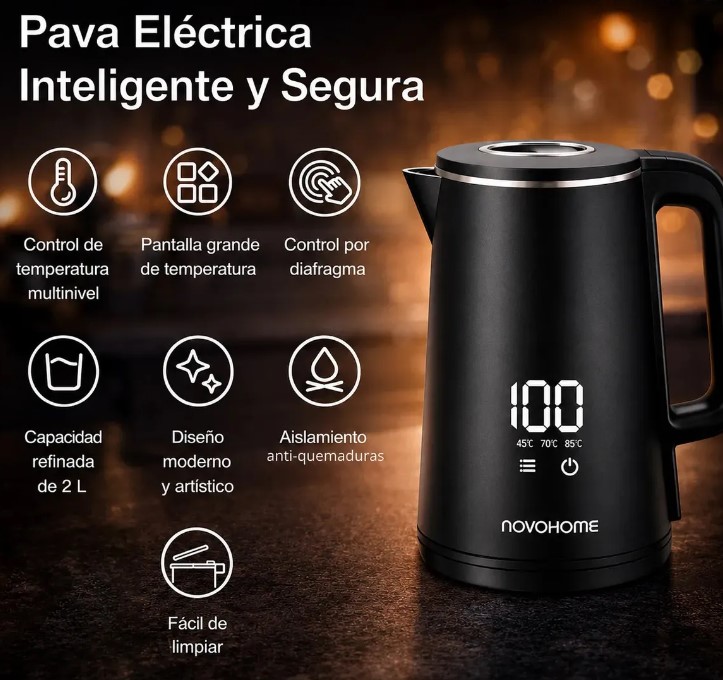 Novohome NH-EKV100 Pava electrica digital touch Negra 1500w 2lt indicador de temperatura