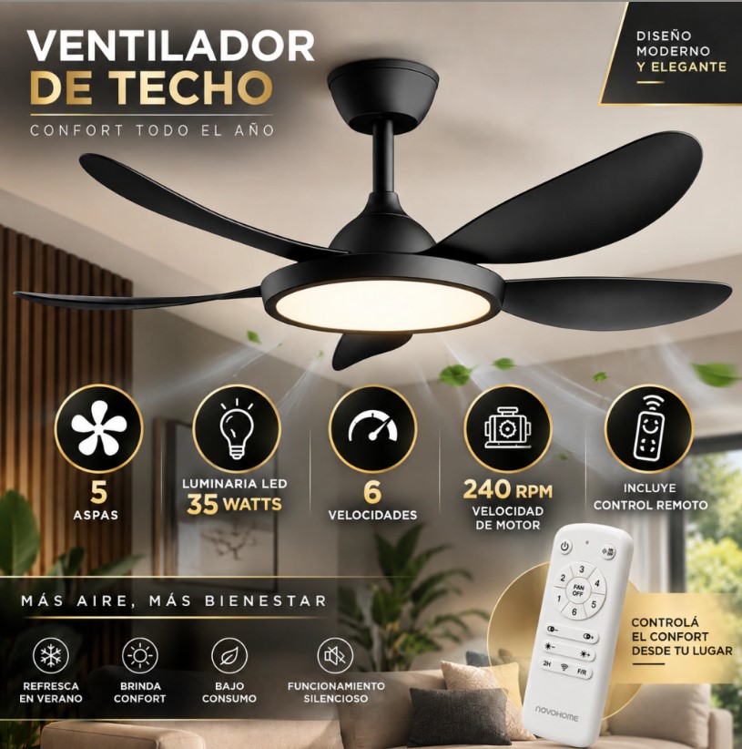 Novohome  NH-VTR1001 Ventilador de techo 5 aspas con control remoto luz led 35w Diametro 42" Con 6 vel. varios colores