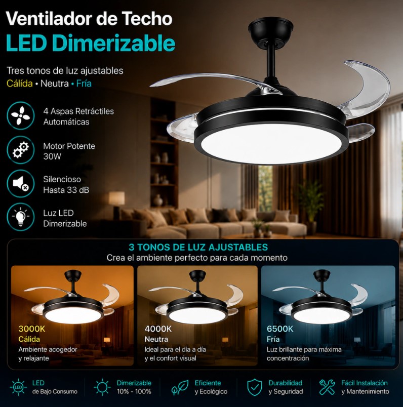 Novohome NH-vtr200 Ventilador De Techo C/Luz Led y Aspas Retractiles Negro
