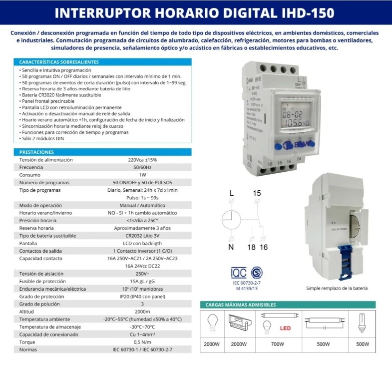 BAW IHD-150 INTERRUPTOR HORARIO DIGITAL SEMANAL DIN 50 PROG.