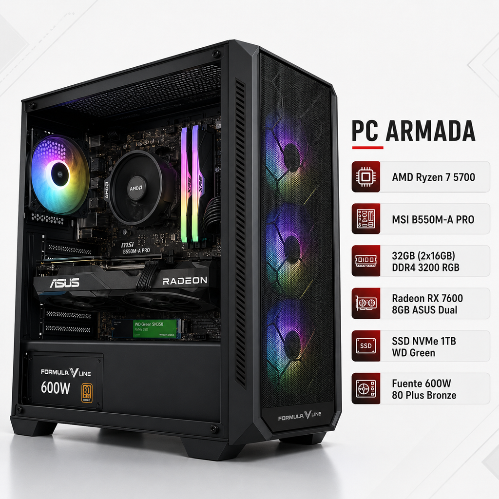 Pc Gamer Armada Amd Ryzen 7 Ram 32Gb Disco 1Tb Nvme M.2 Fuente 600W 80+ Bronze Vga Asus Rx7600 8Gb