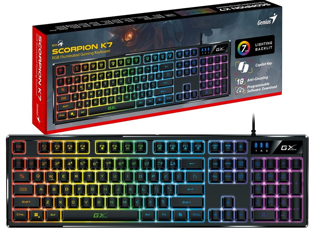 Teclado Gamer Genius Gx Gaming K7 Scorpion Usb Cable 1.3Mts 19 Key Anti-Ghosting 7 Colores Rgb Mecanico Retroiluminado Espanol