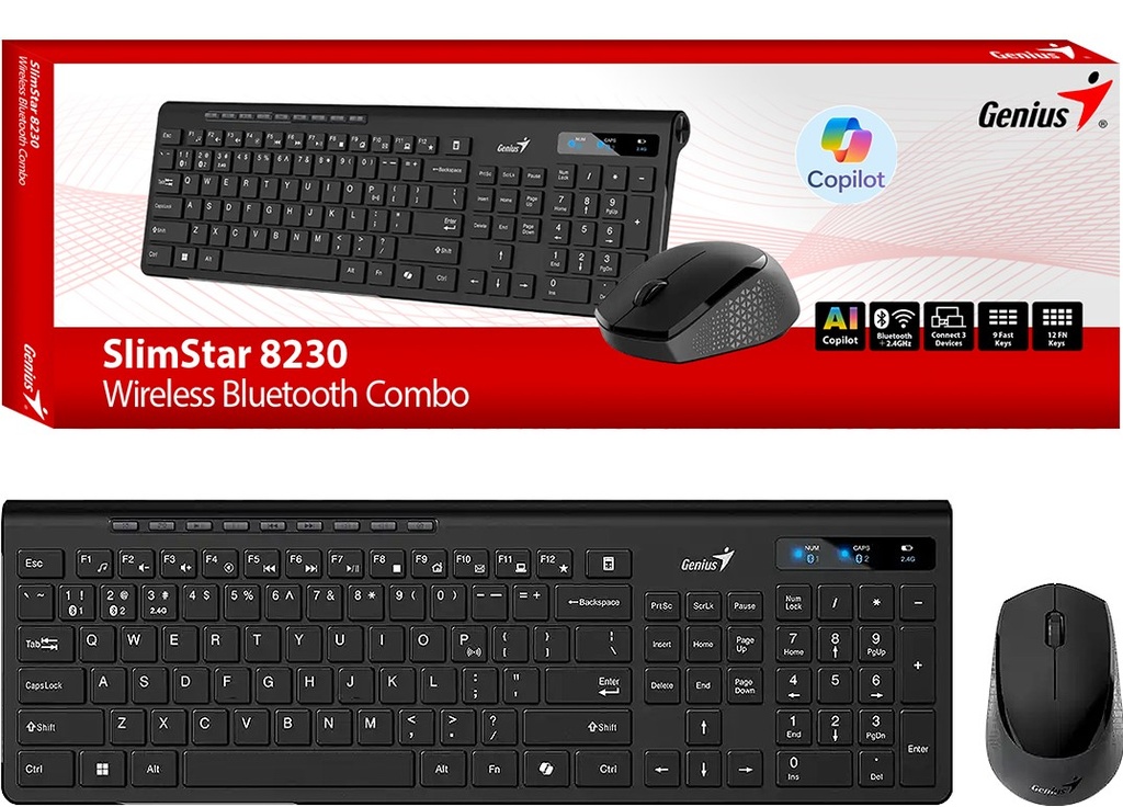 Kit Teclado + Mouse Genius Slimstar 8230 Mouse Usa 1Xaa Teclado Usa 1Xaa Incluidas 2 En 1 Bluetooth 5.3 + Inalambrico Negro