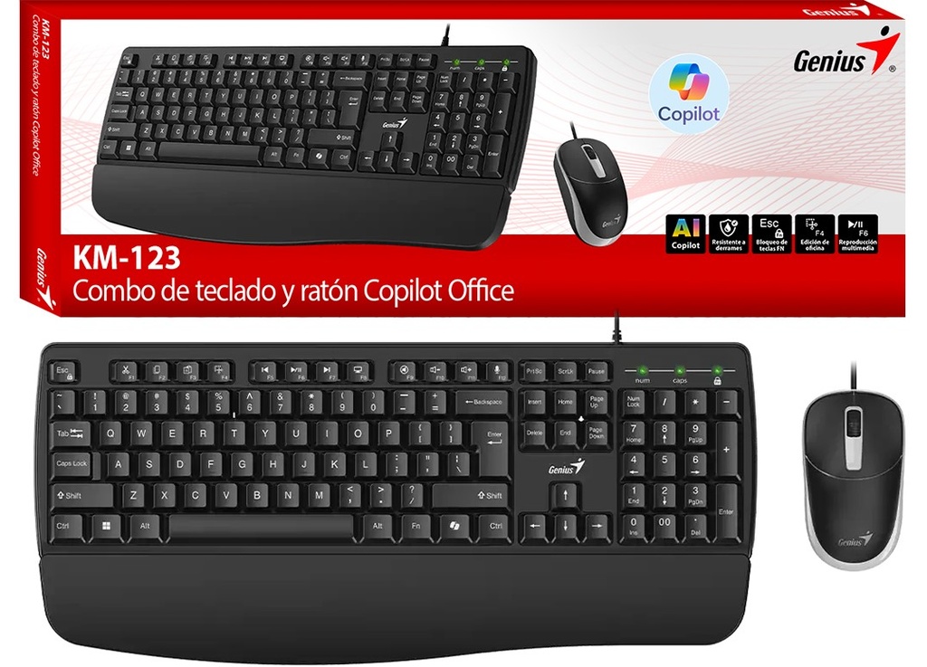Kit Teclado + Mouse Genius Km-123 Usb Con Cable Mouse 1200Dpi Teclado Tiene Tecla 00 Y Copilot Multimedia Negro