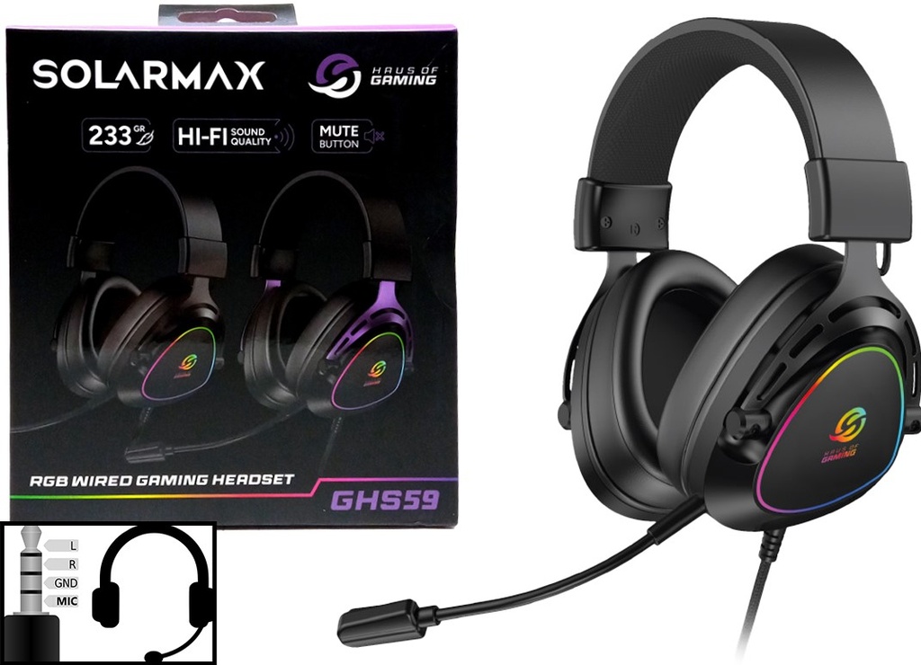 AURICULAR VINCHA SOLARMAX GHS59B MICROFONO DESMONTABLE HI-FI ENVOLVENTE PLUG 3.5MM 4 CONTACTOS + LUZ ALIMENTACION POR USB NEGRO