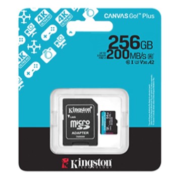 MICROSD 256GB CLASE 10 KINGSTON CANVAS GO PLUS U3 V30 A2 4K 200MB CON ADAPTADOR A SD